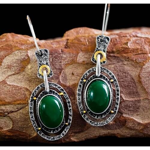 Vintage Ethnic Green Stone Drop Earrings for Women Oval Crystal Jewelry Gifts Bohemian Oorbellen Long Dangle Earrings