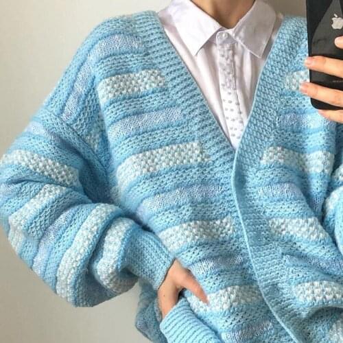 B-TOTO American Retro Light Blue Knitted Jacket Female Ins Tide Lazy Sweater Cardigan 2021 New Fashion