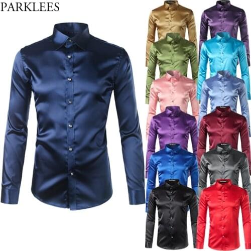High Quality Silk Satin Shirt Men Chemise Homme 2017 Casual Long Sleeve Slim Fit Mens Dress Shirts Business Wedding Male Shirt