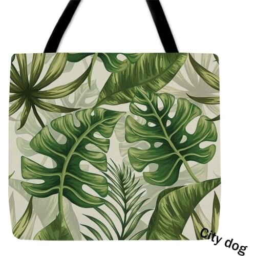 Green tropical plant leaves Bags Custom Linen waterproof Print Your Design Daily Use Reusable Travel Casual Shopping Bag