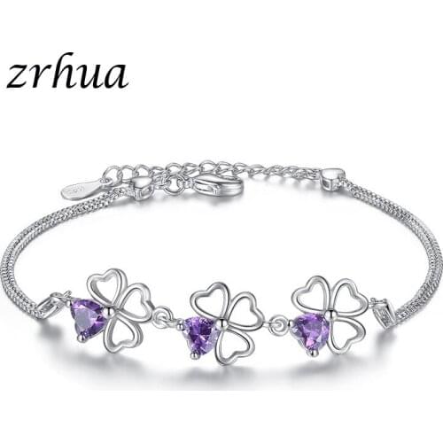 ZRHUA Genuine 925 Sterling Silver Purple Cubic Zirconia Crystal Jewelry For Women Ladies Special Flowers Shape Design Bracelet