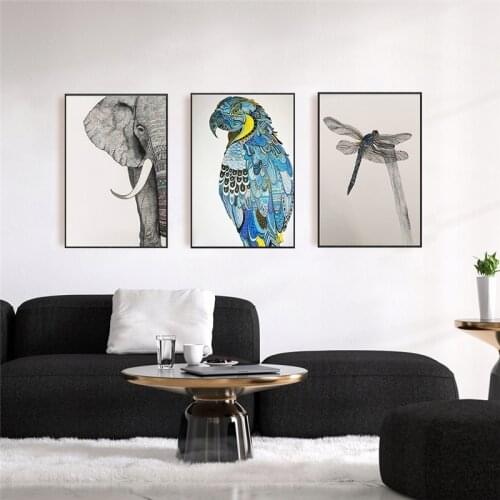 Abstract Animal Canvas Painting Grey Elephant Dragonfly Bird Fish Poster and Print Nordic Wall Art Picture for Living Room Decor