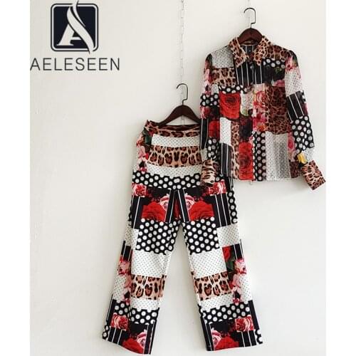 AELESEEN Runway Fashion 2 pieces Sets Designer Elegant Leopard Dots Flower Print Shirt+Full-Lenght Pants Office Ladies Sets