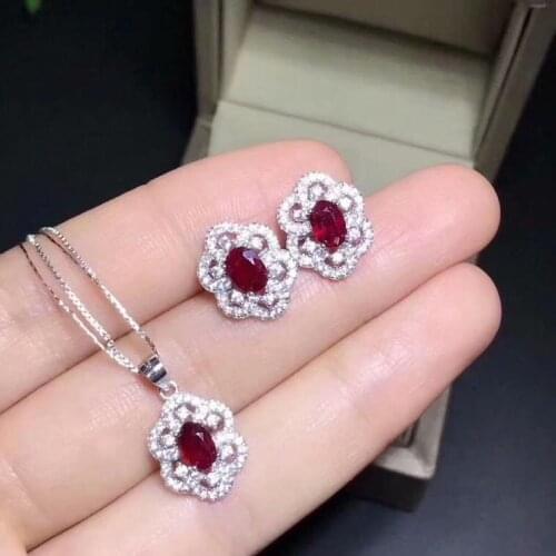 Free Shipping Natural Ruby jewelry set Natural Real Ruby 925 sterling silver 1pc pendant,2pcs Earring