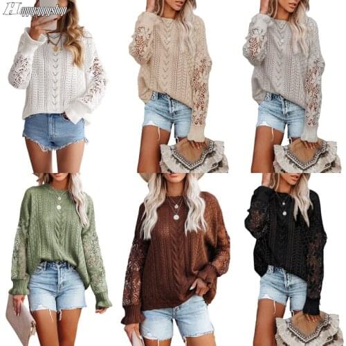 Elegant Women Casual Hollow Out Sweaters Solid Color Long Sleeve Loose Pullovers Jumpers Tops Blouses S-2XL