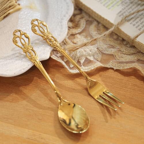 European Style Stainless Steel Hollow Embossed Dessert Mini Spoon Fork Creative Retro Gilded Tableware Kitchen Accessories
