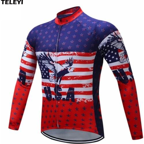 TELEYI Team Cycling Jersey Ropa Ciclismo USA Mens Long Sleeve Cycling Clothing Mountain Bike Mens Cycling Tops Size: S-4XL