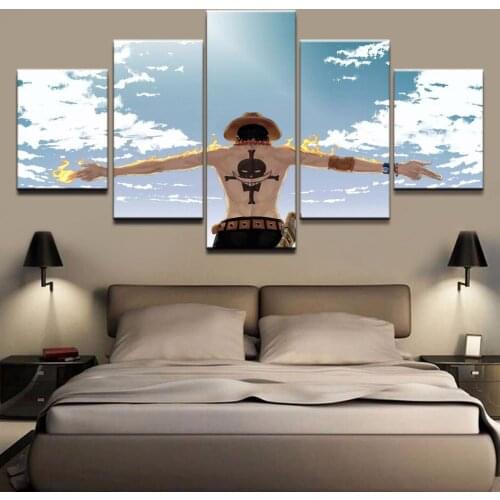 Canvas Printed Painting Living Room Decor 5 Pieces Anime One Piece Cloud Fire Pictures Wall Art Characters Poster Modular Framed