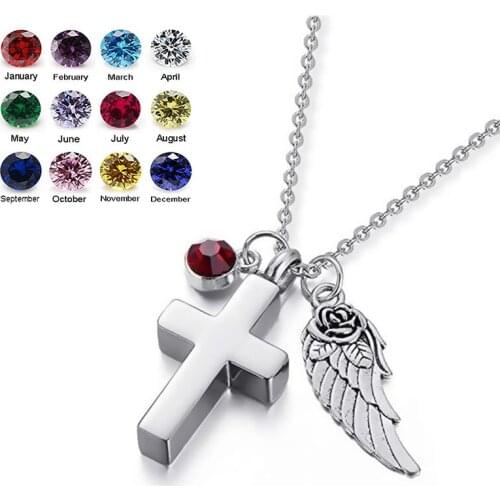 Stainless Steel Cremation Jewelry for Ashes Cross Urn Necklace with Birthstones Wing Memorial Keepsakes Pendant Ashes Jewelry
