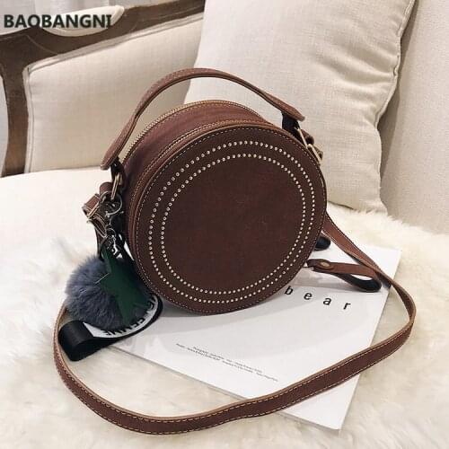 Matte Fabric women Shoulder bags small PU Leather Crossbody bags Winter Round Rivet Handbag Brand Hairball Tassel Hand Bag