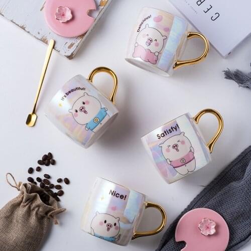 Cartoon Pig Pearl Glaze Ceramic Cup Couple Water Cup Creative Wedding Birthday Gift Cup With Lid Spoon