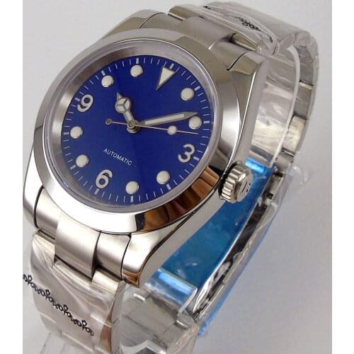 36mm Polished Automatic Men Watch Brushed Oyster Bracelet NH35A Movement Sapphire Crystal Blue Luminous Dial