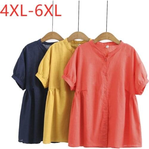 New 2021 Ladies Summer Plus Size Tops For Women Large Blouse Short Sleeve Loose Casual Cotton Linen Red Shirt 3XL 4XL 5XL 6XL