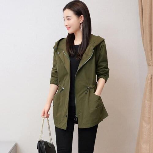 New Casual Women Coat Spring Windbreaker Korean Loose Female Hooded Army Green Coat Adjustable Belt Solid pleated Jacket Female