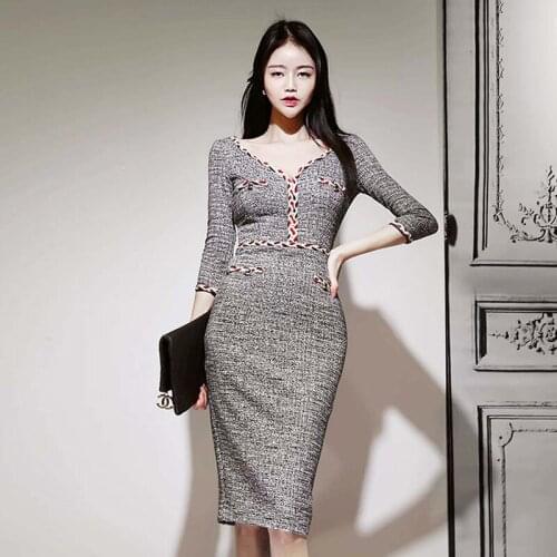 S-XL Plus Size Korean Autumn Work Dress Women Patchwork Color Bodycon Wrap Dress Ladies Slim Tight Gray Dresses Woman Vestidos