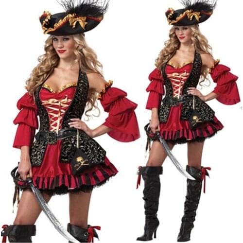 S-XXL Women Pirate Costumes Performance Sexy Adult Halloween Costume Cosplay Fancy Buccaneer Captain Pirate Dress