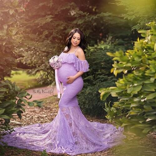 Sexy Shoulderless Maternity Photography Props Dresses Lace Mesh Pregnancy Dress Photo Shoot Maxi Gown Clothes for Pregnant Women