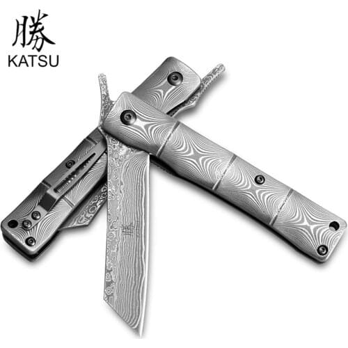 KATSU Full Damascus Steel Blade Handle Camping Knife Japanese Folding Knife with Pocket Clip for Self Defense Outdoor Activities