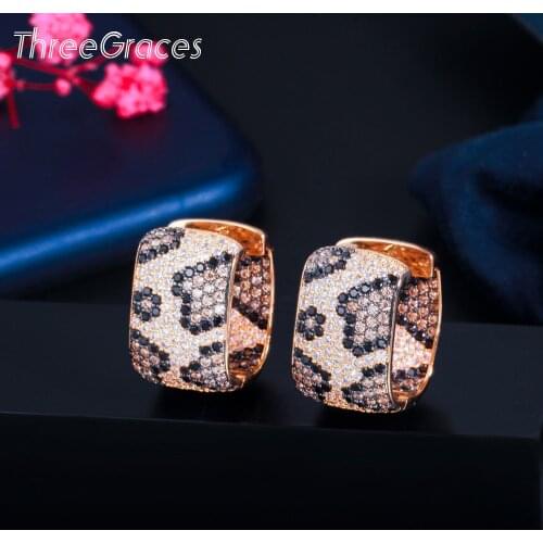 ThreeGraces Shiny Mirco Pave Cubic Zirconia Geometric Square Gold Color Leopard Hoop Earrings Ladies Party Newest Jewelry ER596