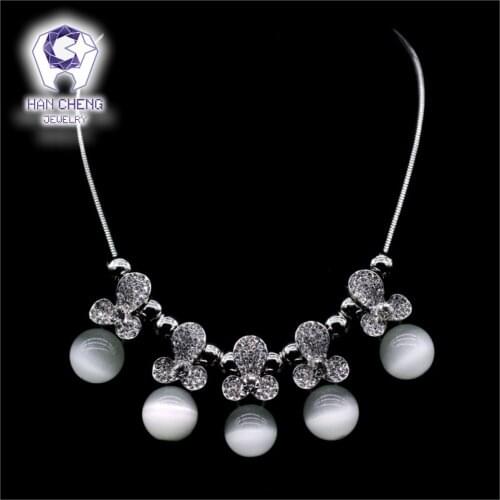 Vintage Bead Opal & Flower Chocker Necklace Silver Plated Rhinestone Pendant Necklace Women Jewelry Snake Chain Necklace collier