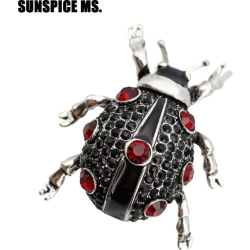 Lovely Crystal beetle Insect Brooch Pins For Women Antique Silver Color Black Enamel Round Ladybug Animal Brooch Jewelry 2018
