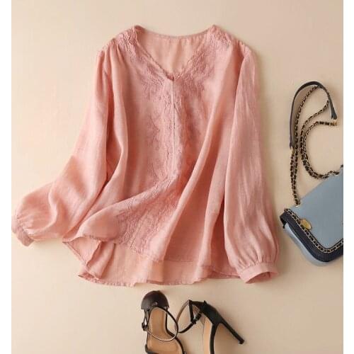 100% Cotton Linen Women T-Shirts Vintage Embroidery Loose Solid Female Pulls Outwear Tops