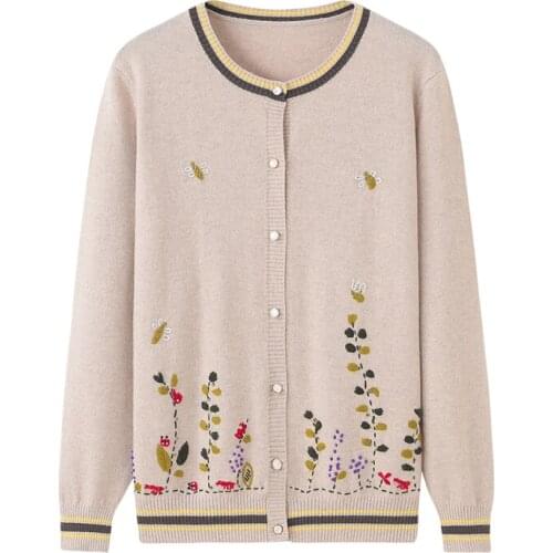 21 autumn winter embroidered cashmere knitted sweater womens round neck artistic diamond-studded cashmere cardigan