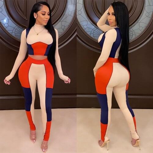 8872 Europe And America Spring 2021 Autumn Womens Suit Casual Patchwork Color Small Leg Pants Slim Top Two Sets