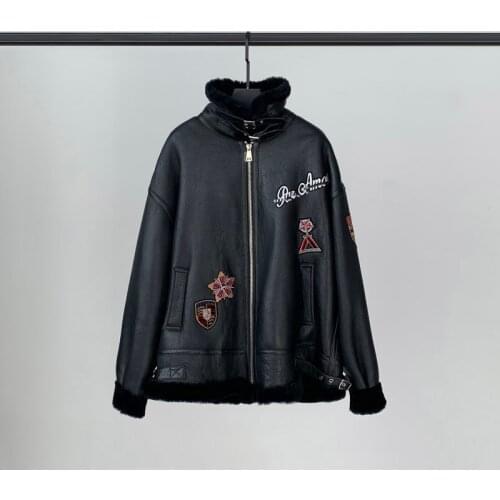 2021 Winter New Haining Genuine Leather Lamb Hair Motorcycle Fur Coat Female Heavy Industry Embroidery Fur Coat Fashion