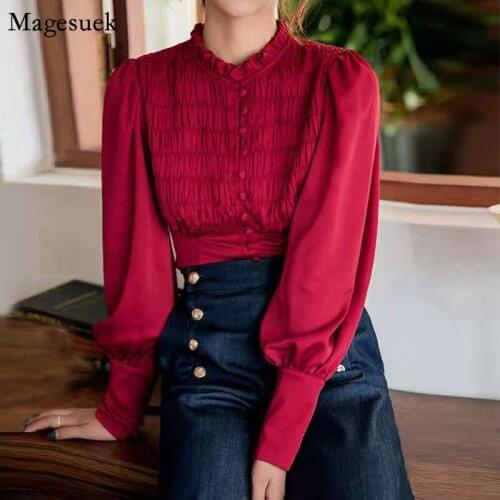 French Vintage Pleated Shirt Women Autumn Stand Collar Button Long Sleeve Ladies Blouse Tops Fashion Ruffles Slim Tops New 16124