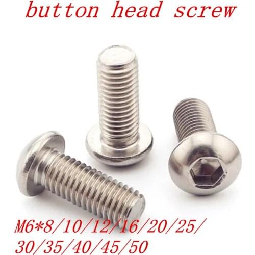 10pcs M6 Bolt A2-70 Button Head Socket Screw Bolt SUS304 Stainless Steel M6*(8/10/12/14/16/18/20/22/25/30/35/40/45/50) mm