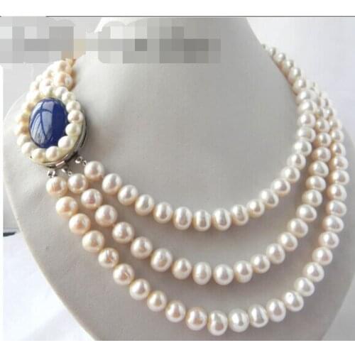 Beautiful 3Strands 10mm White Round Freshwater Pearl Necklace 17"
