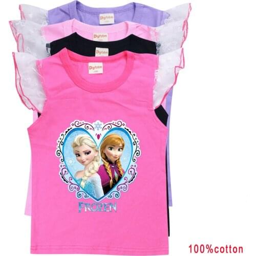 Disney Girl Summer Princess T-Shirt Elsa Childen Cotton Tees Lace T Shirt 3D Frozen Kid Birthday Top Clothing Shirt