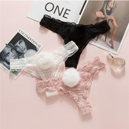 Hot Sale Ladies Sexy Thongs Women Fashion Cute Lingerie Low-Waist Hollow Lace Panties Hair Ball Detachable Female Supplies
