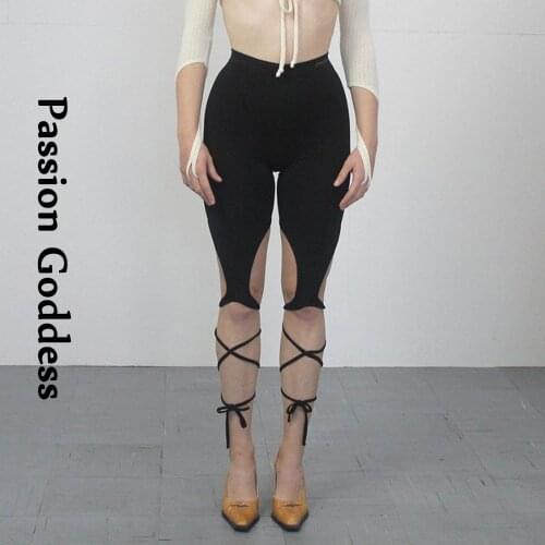 Fashion Women Strappy Cut-out Leggings Fitness Slim High Waist Sexy Bandage Legging Athleisure Elastic Hole Jeggings Pants 2021