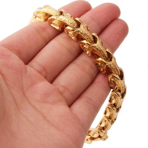 Hotsale Stainless Steel Dragon Grain Bracelets Mens Punk Rock Roll Mens Bracelets & Bangles Gold Chain Biker Jewelry 8.66"*11MM