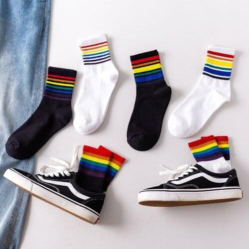 6 Pieces=3 Pairs/Set Fashion Cotton Womens Socks Cute Funny Rainbow Stripes Korean Harajuku Ankle Socks TJ3045