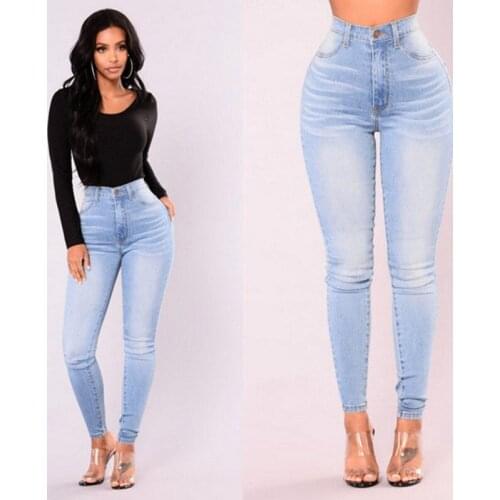 Newly Women Ladies Casual Jeans Long Length Light Blue High Waist Button Fly Skinny Slim Pencil Denim Pants Size S-2XL