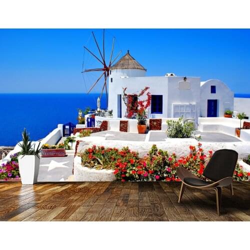 Papel de parede blue sky and sea in Santorini, Greece city building landscape 3d wallpaper,living room tv wall bedroom mural