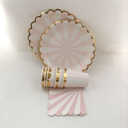 Wedding Decoration Metallic Foil Gold Pink Striped Tableware Set Paper Plates Set Paper Cups Paper Napkins Party Favors