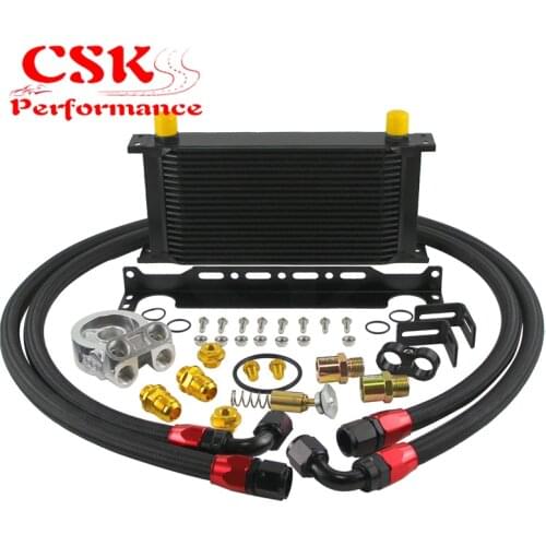 New 19 Row Engine Oil Cooler w/ 80 Deg Thermostat Plate + AN10 Oil Lines Kit Silver / Black