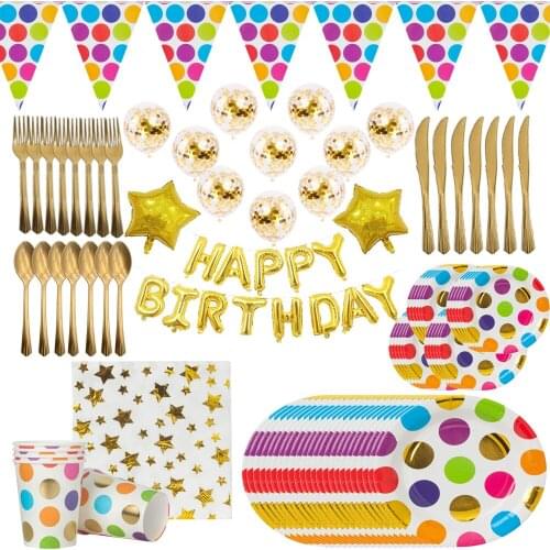 Colorful Dot Party Paper Cups Plates Napkins Banner Flags Adult Birthday Party Supplies Wedding Decoration Baby Shower Tableware