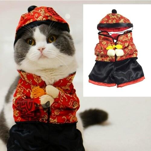 Funny style pet new year clothes puppy dog cat festival coat Chinese style pet clothes S-XL Happy new year Tang-suit with hat