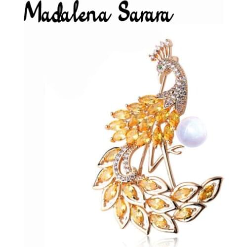MADALENA SARARA AAAA Zircon And Crystal Inlaid Pearl Brooch Two Colors Avaliable Peacock Style Fine Brooch Pin For Women Jewelry