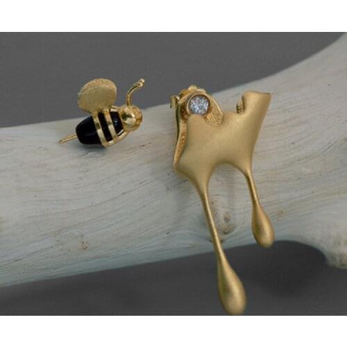 S925 Sterling Silver Handmade Exquisite Jewelry 18k Gold Honey Drops Bee Asymmetrical Lady Earrings Gift Jewelry