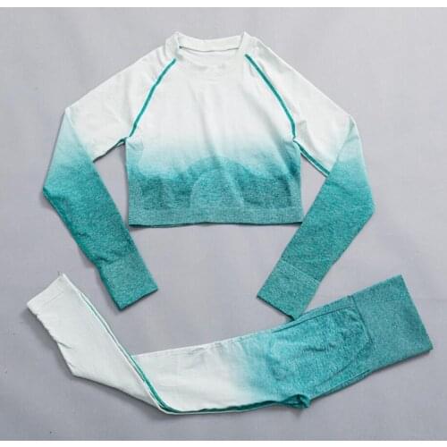 Women Seamless Yoga Set Gym High Waist Ombre Leggings T-Shirts Top Suit Long Sleeve Fitness Workout Sport Running Sportswear Set