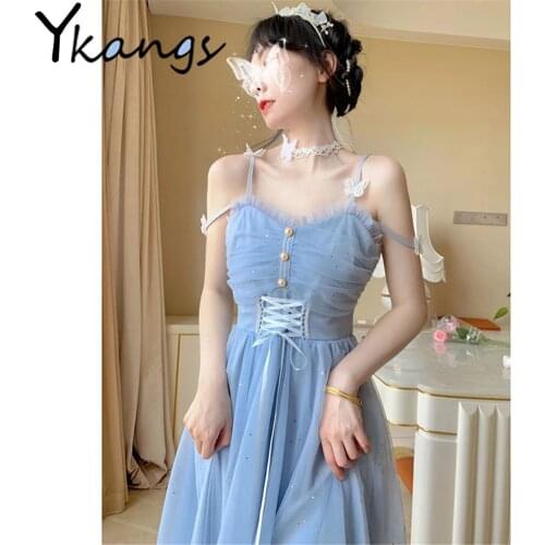 Robe Femme Korean Style Blue Sweet Shiny Fairy Mesh Suspender Dress Elegant Party V-Neck Pearl Butterfly Bandage Slim Clothing