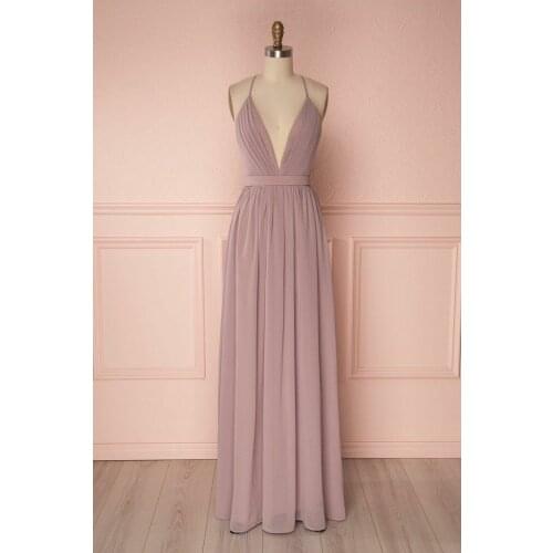 Elegant Long Pleated Chiffon Dusty Rose Bridesmaid Dresses with Pockets Floor Length X Back V-Neck Robes de Soirée for Women