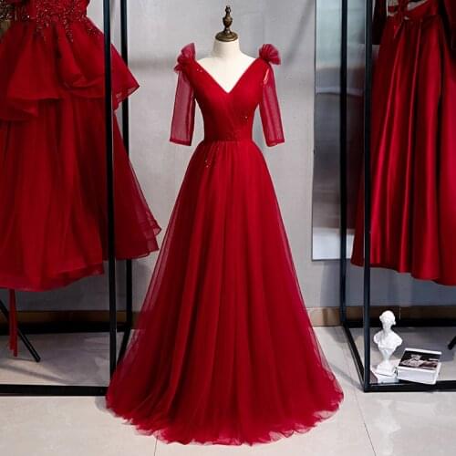 Bespoke Occasion Dresses Illusion V-Neck Half Beading Pleat Backless Tulle Lace Luxury Burgundy Women Formal Evening Gown HB186