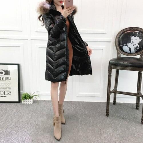 Winter coat, jacket on white duck down, women hooded large fur collar, long down thick jacket